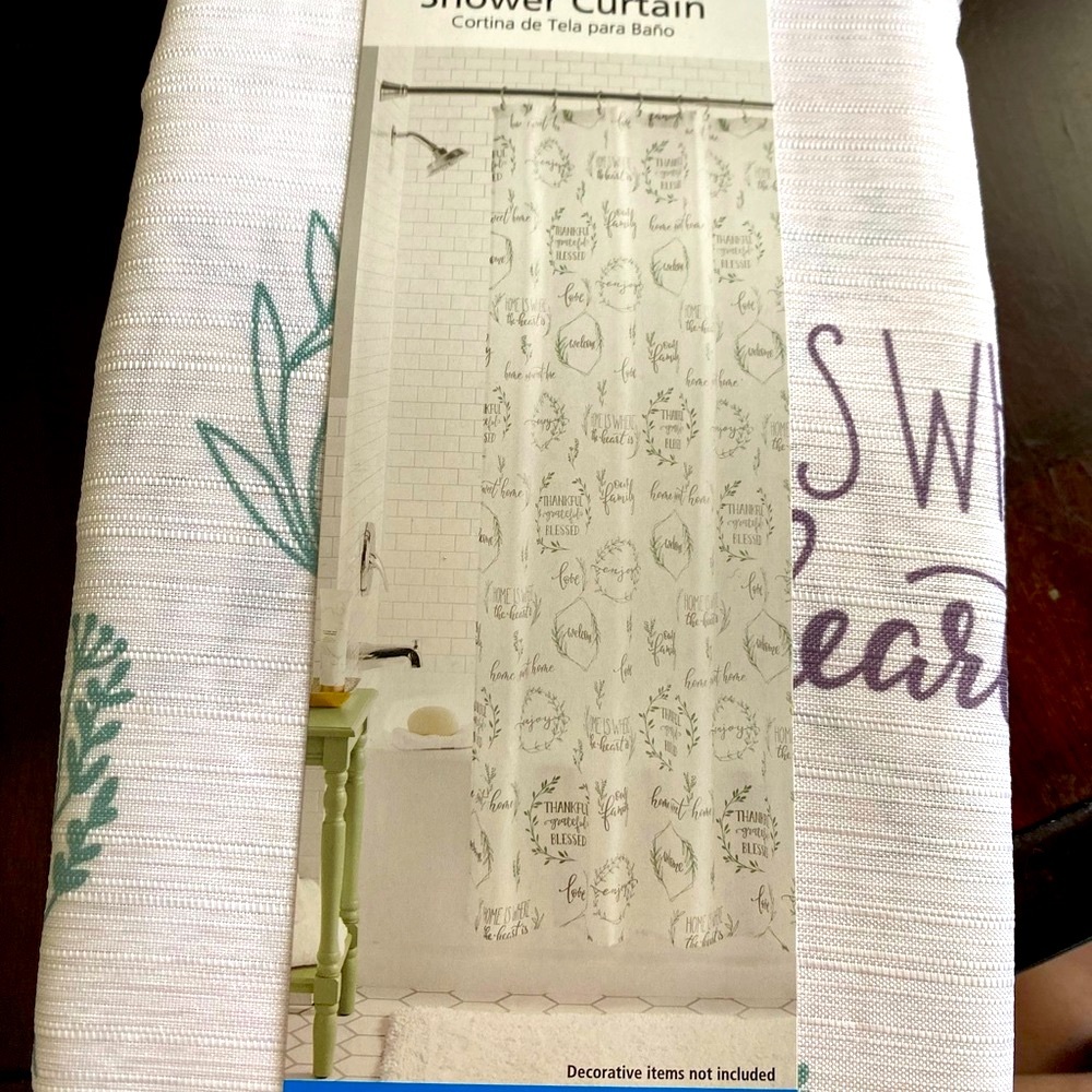 Fabric shower curtain with sayings and phrases on it.NWT,original packaging